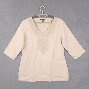 Tommy Bahama Top Tunic Womens Beige Sz M Embroidered 3/4 Sleeves 100% Linen Boho